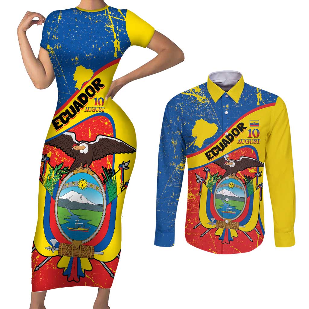 Personalized Ecuador Independence Day Couples Matching Short Sleeve Bodycon Dress and Long Sleeve Button Shirt Coat Of Arms Grunge Style - Wonder Print Shop