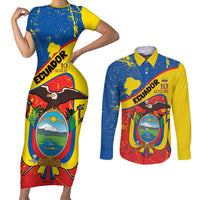 Personalized Ecuador Independence Day Couples Matching Short Sleeve Bodycon Dress and Long Sleeve Button Shirt Coat Of Arms Grunge Style - Wonder Print Shop