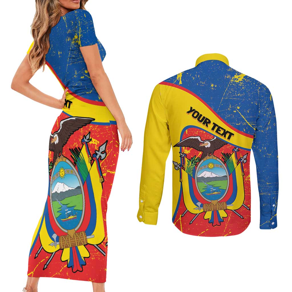 Personalized Ecuador Independence Day Couples Matching Short Sleeve Bodycon Dress and Long Sleeve Button Shirt Coat Of Arms Grunge Style - Wonder Print Shop