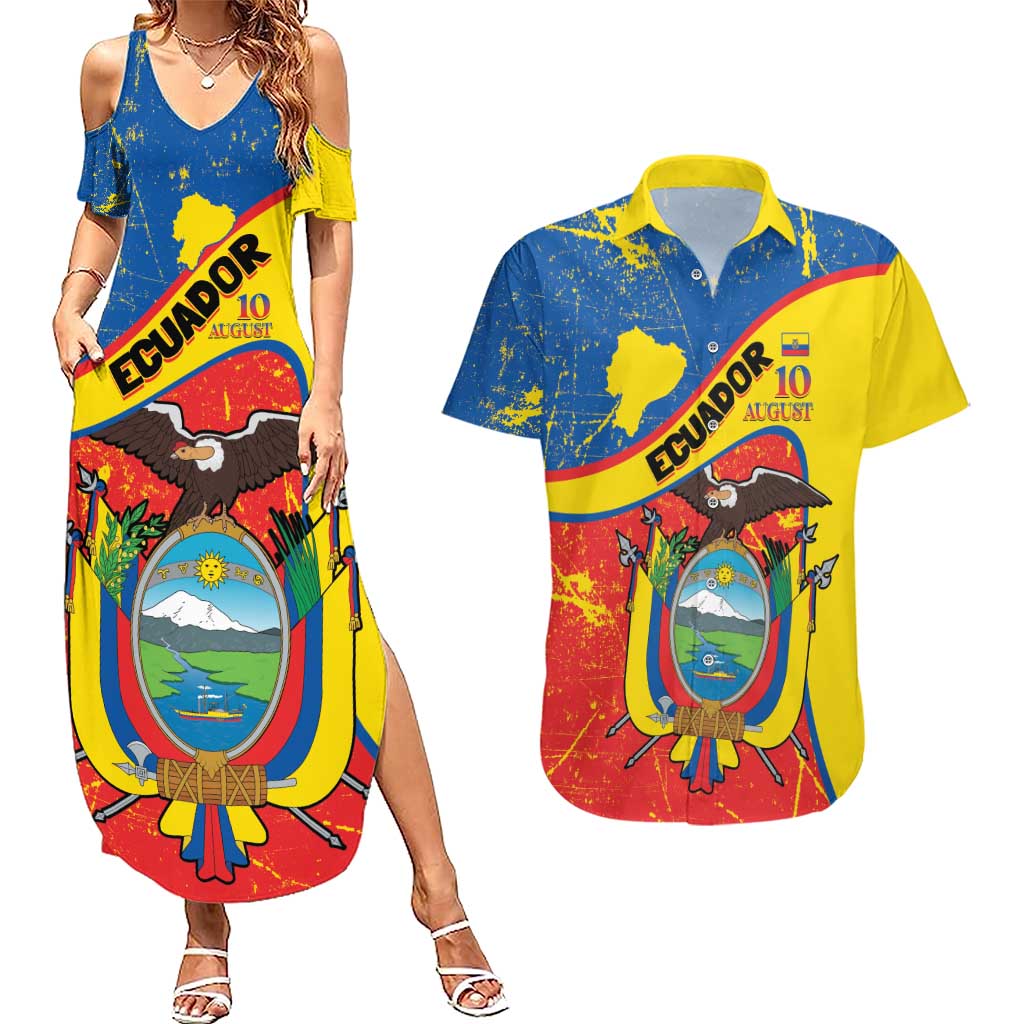 Personalized Ecuador Independence Day Couples Matching Summer Maxi Dress and Hawaiian Shirt Coat Of Arms Grunge Style - Wonder Print Shop