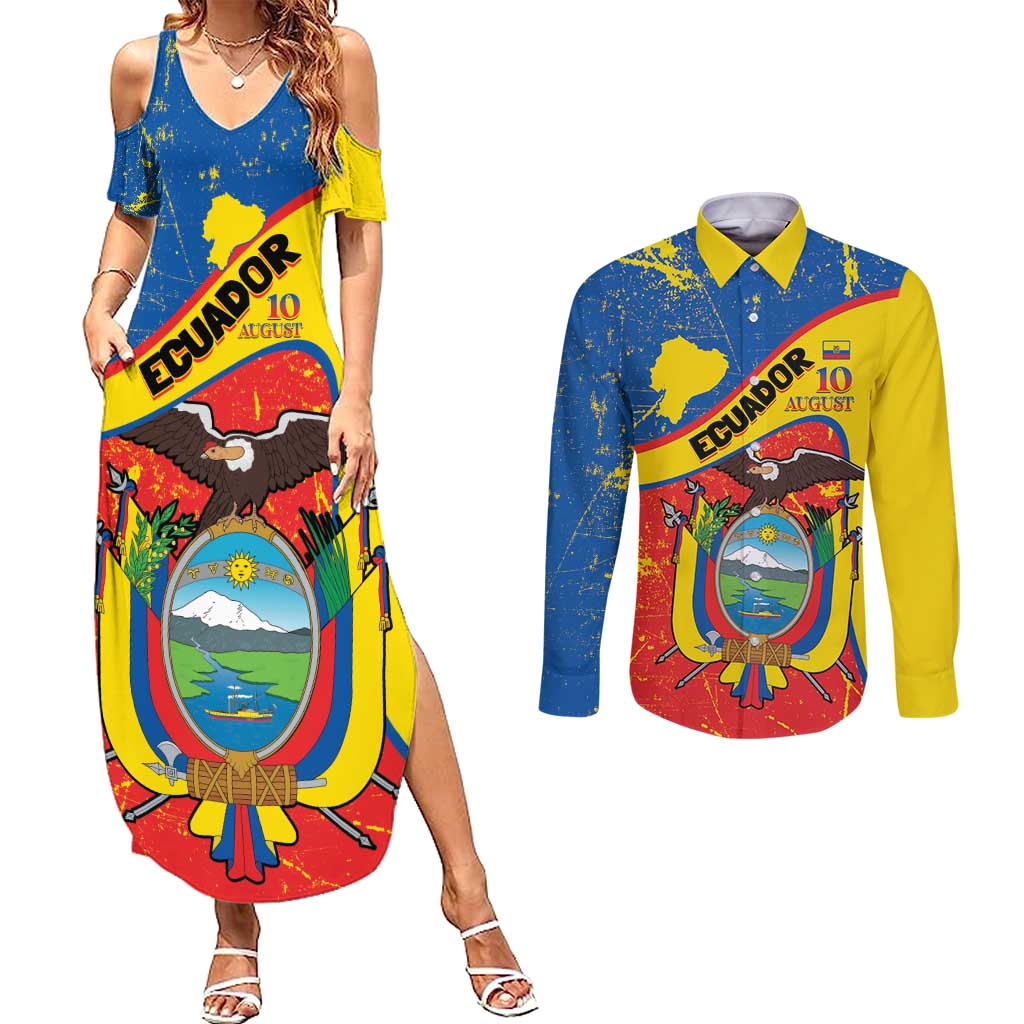 Personalized Ecuador Independence Day Couples Matching Summer Maxi Dress and Long Sleeve Button Shirt Coat Of Arms Grunge Style - Wonder Print Shop