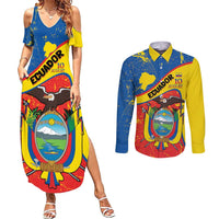 Personalized Ecuador Independence Day Couples Matching Summer Maxi Dress and Long Sleeve Button Shirt Coat Of Arms Grunge Style - Wonder Print Shop