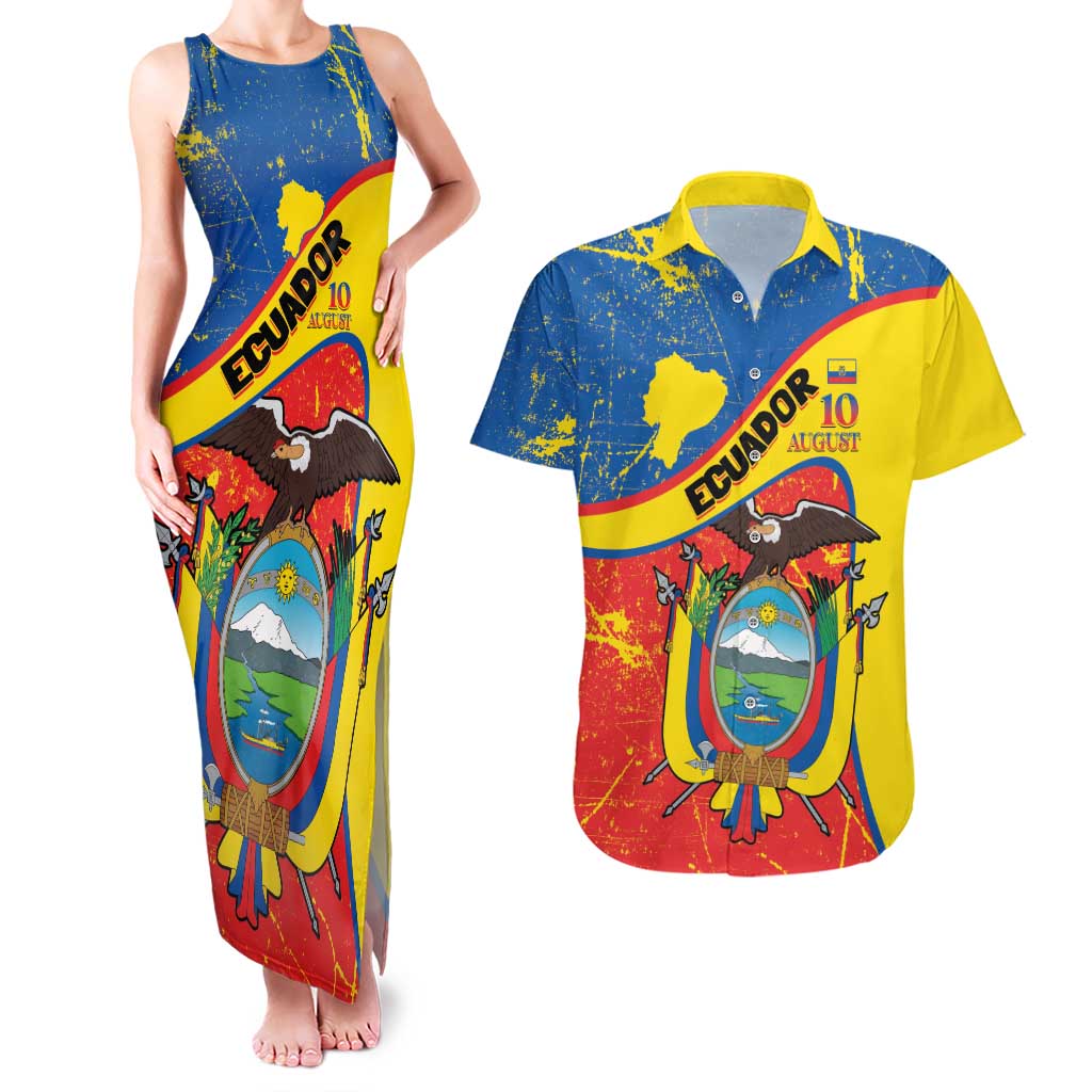 Personalized Ecuador Independence Day Couples Matching Tank Maxi Dress and Hawaiian Shirt Coat Of Arms Grunge Style - Wonder Print Shop
