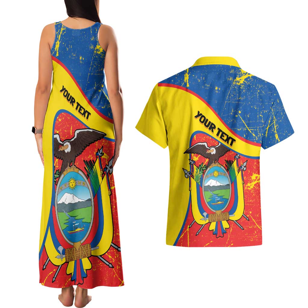 Personalized Ecuador Independence Day Couples Matching Tank Maxi Dress and Hawaiian Shirt Coat Of Arms Grunge Style - Wonder Print Shop