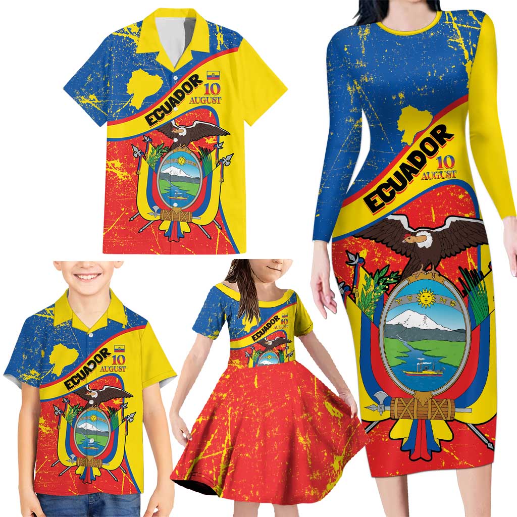 Personalized Ecuador Independence Day Family Matching Long Sleeve Bodycon Dress and Hawaiian Shirt Coat Of Arms Grunge Style - Wonder Print Shop