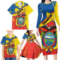 Personalized Ecuador Independence Day Family Matching Long Sleeve Bodycon Dress and Hawaiian Shirt Coat Of Arms Grunge Style - Wonder Print Shop