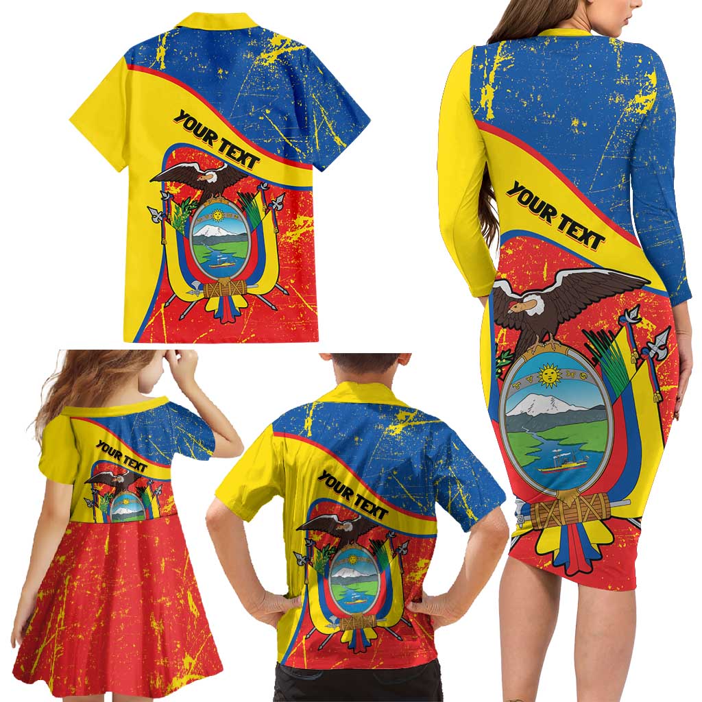 Personalized Ecuador Independence Day Family Matching Long Sleeve Bodycon Dress and Hawaiian Shirt Coat Of Arms Grunge Style - Wonder Print Shop