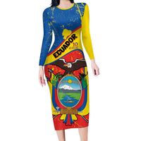 Personalized Ecuador Independence Day Family Matching Long Sleeve Bodycon Dress and Hawaiian Shirt Coat Of Arms Grunge Style - Wonder Print Shop