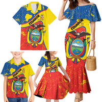 Personalized Ecuador Independence Day Family Matching Mermaid Dress and Hawaiian Shirt Coat Of Arms Grunge Style - Wonder Print Shop