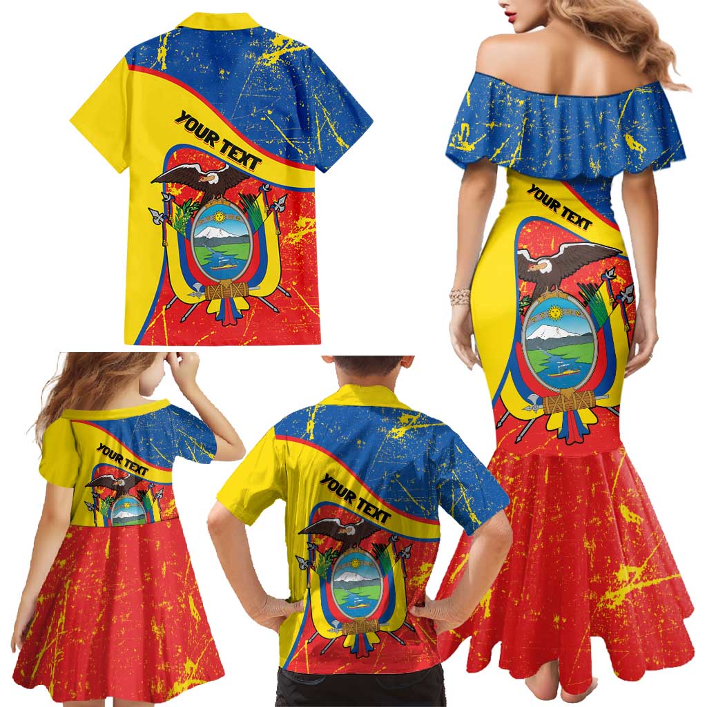 Personalized Ecuador Independence Day Family Matching Mermaid Dress and Hawaiian Shirt Coat Of Arms Grunge Style - Wonder Print Shop