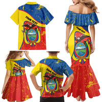 Personalized Ecuador Independence Day Family Matching Mermaid Dress and Hawaiian Shirt Coat Of Arms Grunge Style - Wonder Print Shop