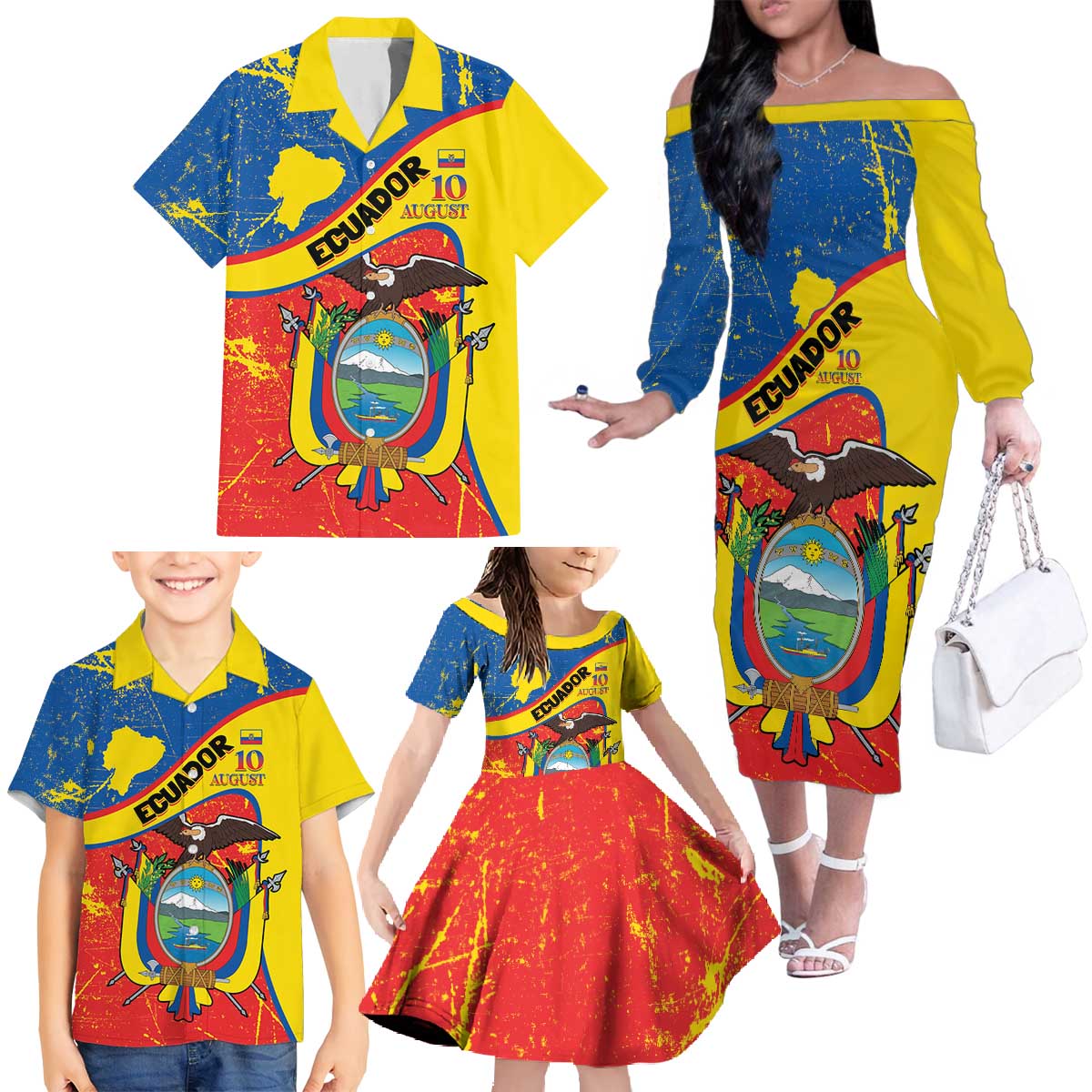 Personalized Ecuador Independence Day Family Matching Off The Shoulder Long Sleeve Dress and Hawaiian Shirt Coat Of Arms Grunge Style - Wonder Print Shop