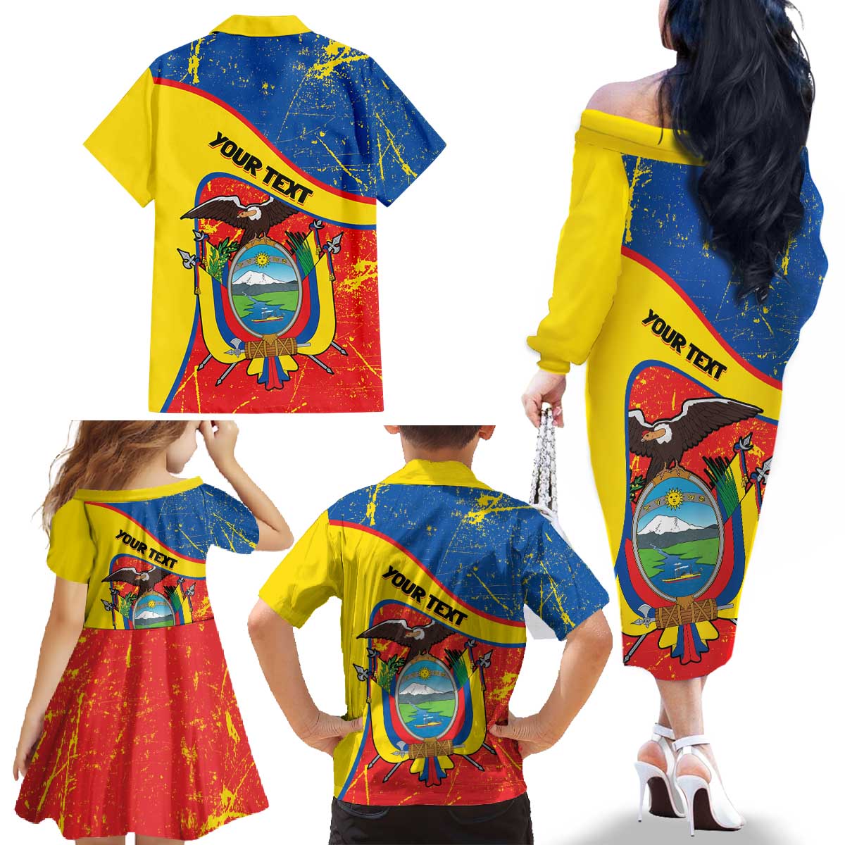 Personalized Ecuador Independence Day Family Matching Off The Shoulder Long Sleeve Dress and Hawaiian Shirt Coat Of Arms Grunge Style - Wonder Print Shop
