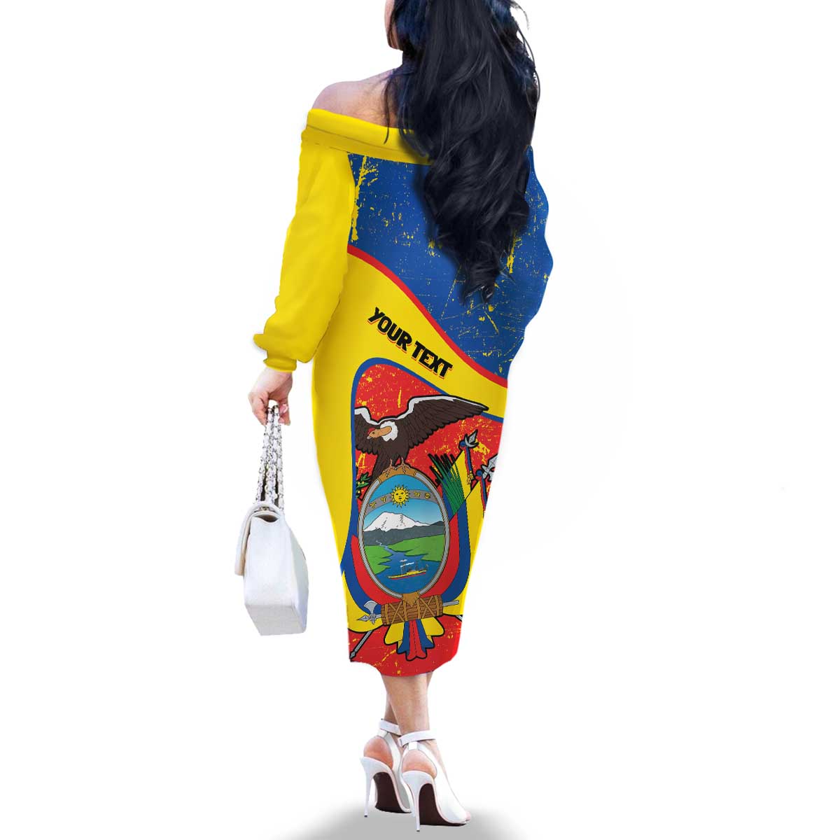 Personalized Ecuador Independence Day Family Matching Off The Shoulder Long Sleeve Dress and Hawaiian Shirt Coat Of Arms Grunge Style - Wonder Print Shop