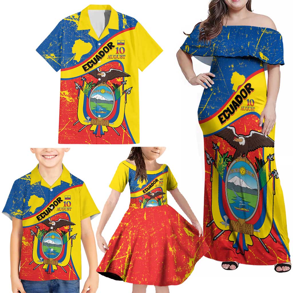 Personalized Ecuador Independence Day Family Matching Off Shoulder Maxi Dress and Hawaiian Shirt Coat Of Arms Grunge Style - Wonder Print Shop