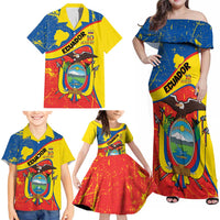 Personalized Ecuador Independence Day Family Matching Off Shoulder Maxi Dress and Hawaiian Shirt Coat Of Arms Grunge Style - Wonder Print Shop