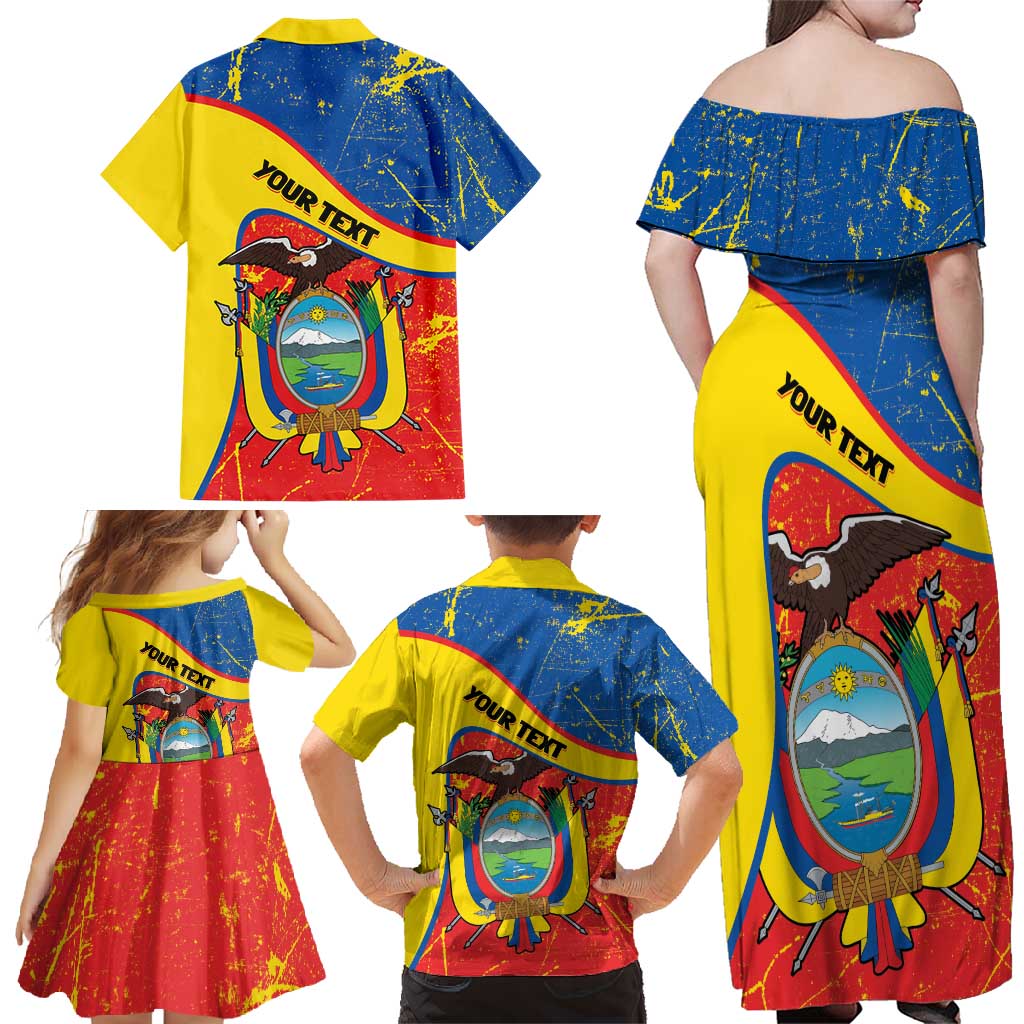 Personalized Ecuador Independence Day Family Matching Off Shoulder Maxi Dress and Hawaiian Shirt Coat Of Arms Grunge Style - Wonder Print Shop
