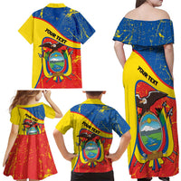 Personalized Ecuador Independence Day Family Matching Off Shoulder Maxi Dress and Hawaiian Shirt Coat Of Arms Grunge Style - Wonder Print Shop