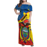 Personalized Ecuador Independence Day Family Matching Off Shoulder Maxi Dress and Hawaiian Shirt Coat Of Arms Grunge Style - Wonder Print Shop
