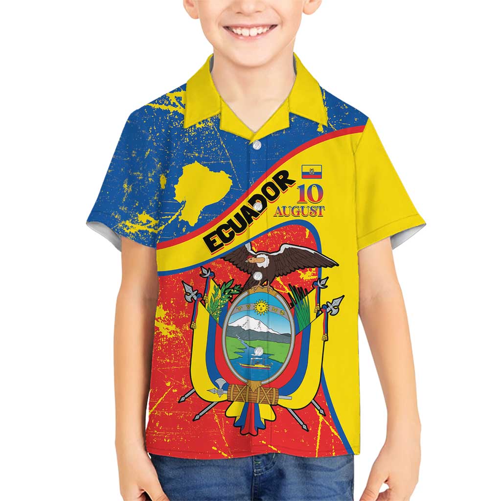 Personalized Ecuador Independence Day Family Matching Off Shoulder Maxi Dress and Hawaiian Shirt Coat Of Arms Grunge Style - Wonder Print Shop
