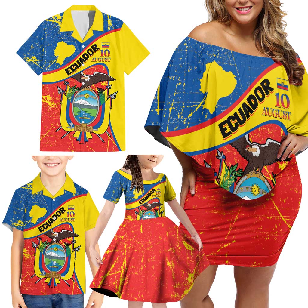 Personalized Ecuador Independence Day Family Matching Off Shoulder Short Dress and Hawaiian Shirt Coat Of Arms Grunge Style - Wonder Print Shop