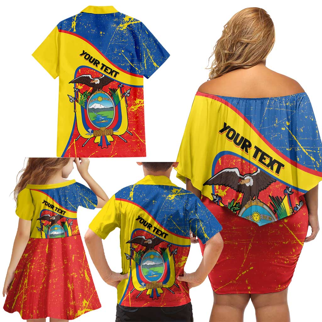 Personalized Ecuador Independence Day Family Matching Off Shoulder Short Dress and Hawaiian Shirt Coat Of Arms Grunge Style - Wonder Print Shop