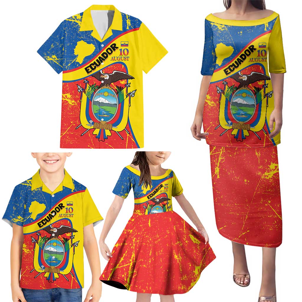 Personalized Ecuador Independence Day Family Matching Puletasi and Hawaiian Shirt Coat Of Arms Grunge Style - Wonder Print Shop