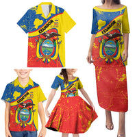 Personalized Ecuador Independence Day Family Matching Puletasi and Hawaiian Shirt Coat Of Arms Grunge Style - Wonder Print Shop