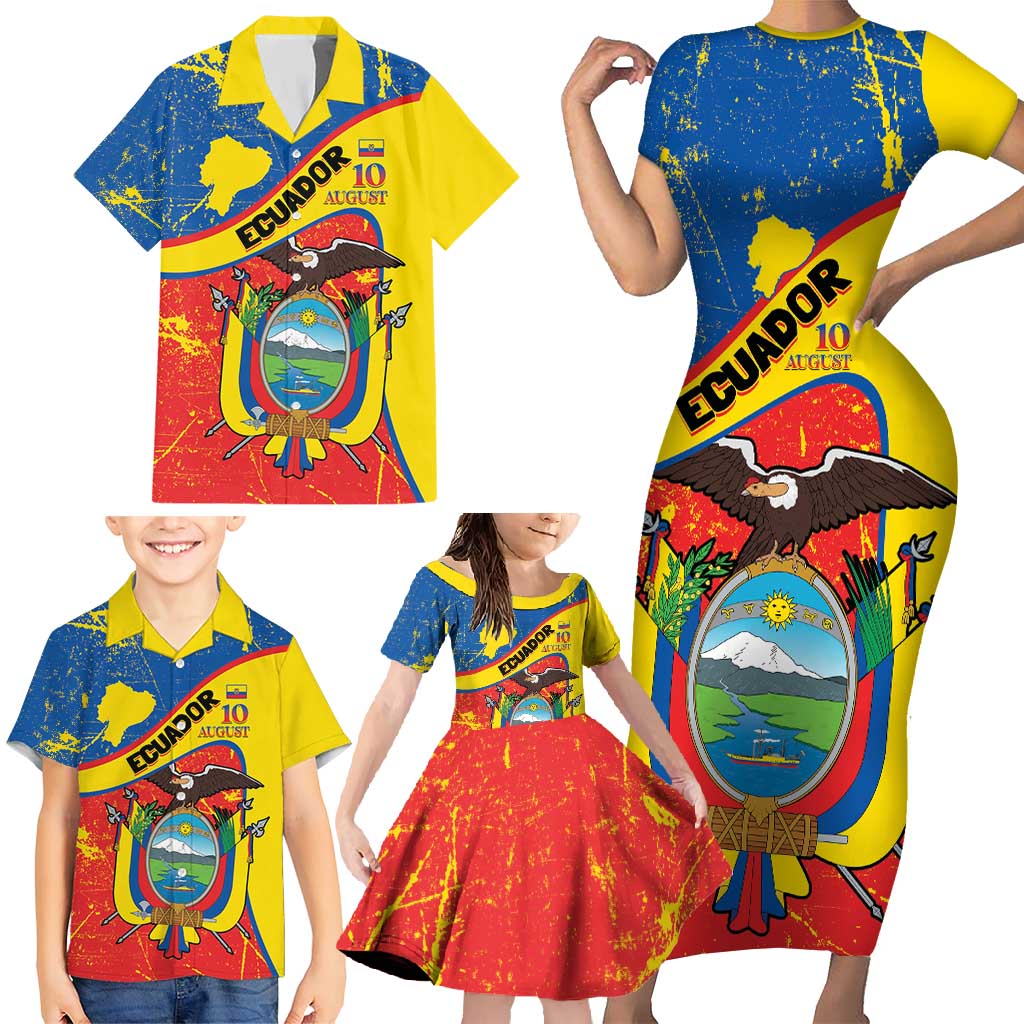 Personalized Ecuador Independence Day Family Matching Short Sleeve Bodycon Dress and Hawaiian Shirt Coat Of Arms Grunge Style - Wonder Print Shop