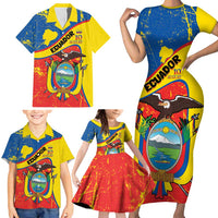Personalized Ecuador Independence Day Family Matching Short Sleeve Bodycon Dress and Hawaiian Shirt Coat Of Arms Grunge Style - Wonder Print Shop