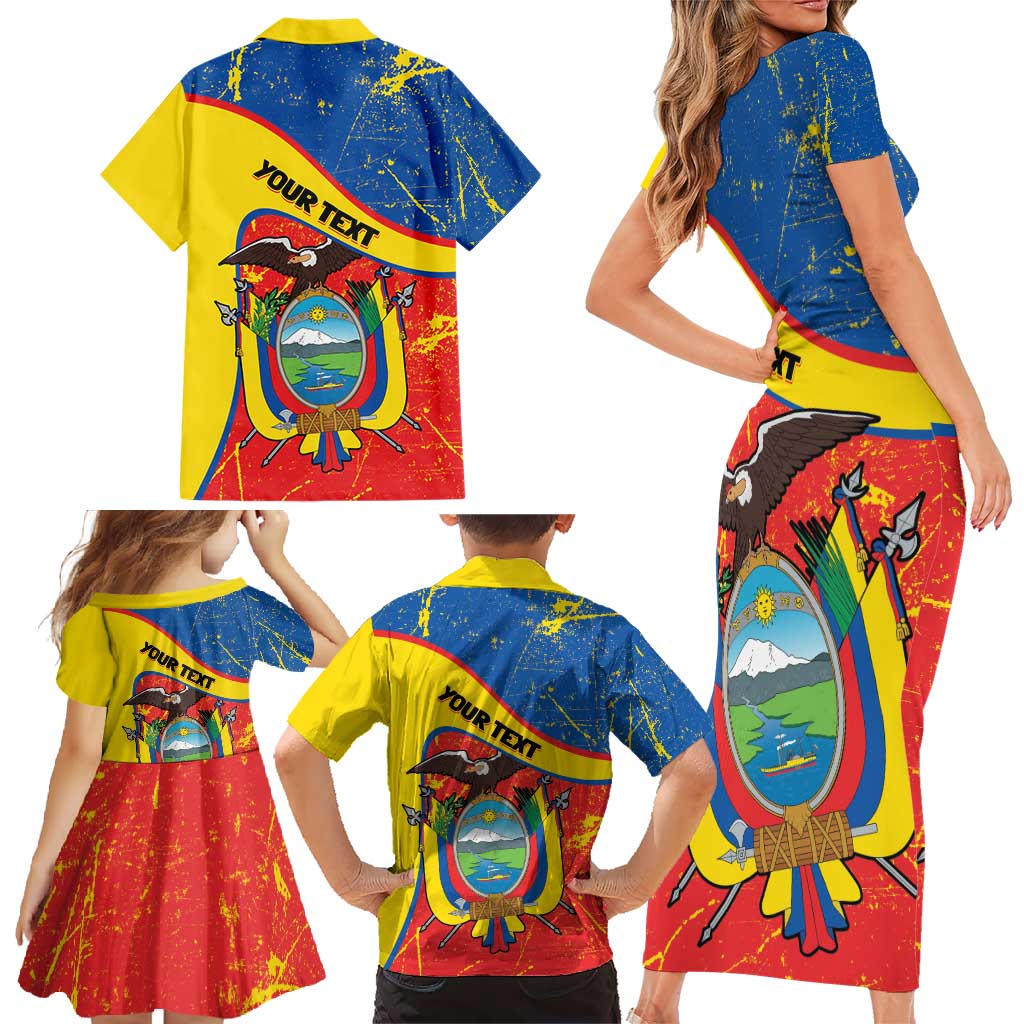 Personalized Ecuador Independence Day Family Matching Short Sleeve Bodycon Dress and Hawaiian Shirt Coat Of Arms Grunge Style - Wonder Print Shop