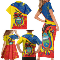 Personalized Ecuador Independence Day Family Matching Short Sleeve Bodycon Dress and Hawaiian Shirt Coat Of Arms Grunge Style - Wonder Print Shop