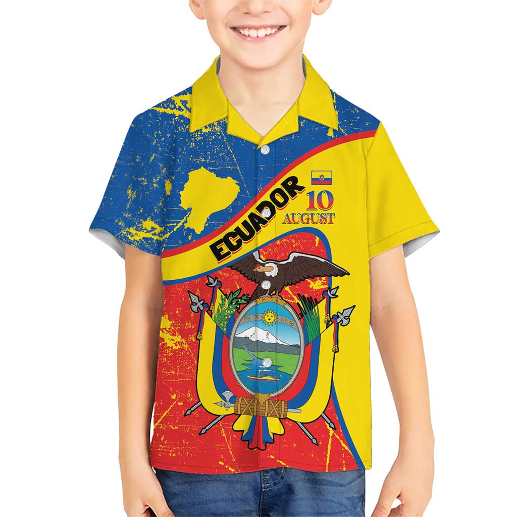 Personalized Ecuador Independence Day Family Matching Short Sleeve Bodycon Dress and Hawaiian Shirt Coat Of Arms Grunge Style - Wonder Print Shop