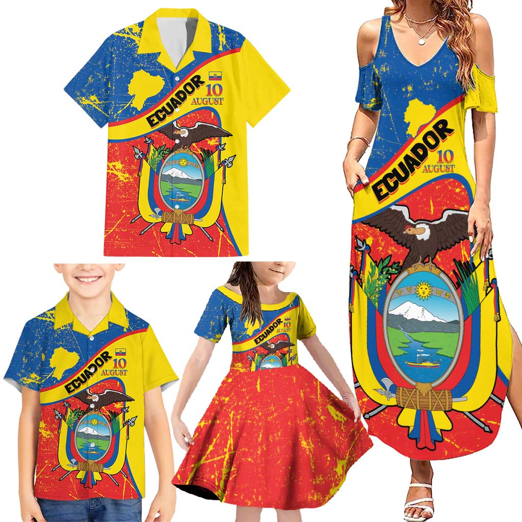 Personalized Ecuador Independence Day Family Matching Summer Maxi Dress and Hawaiian Shirt Coat Of Arms Grunge Style - Wonder Print Shop