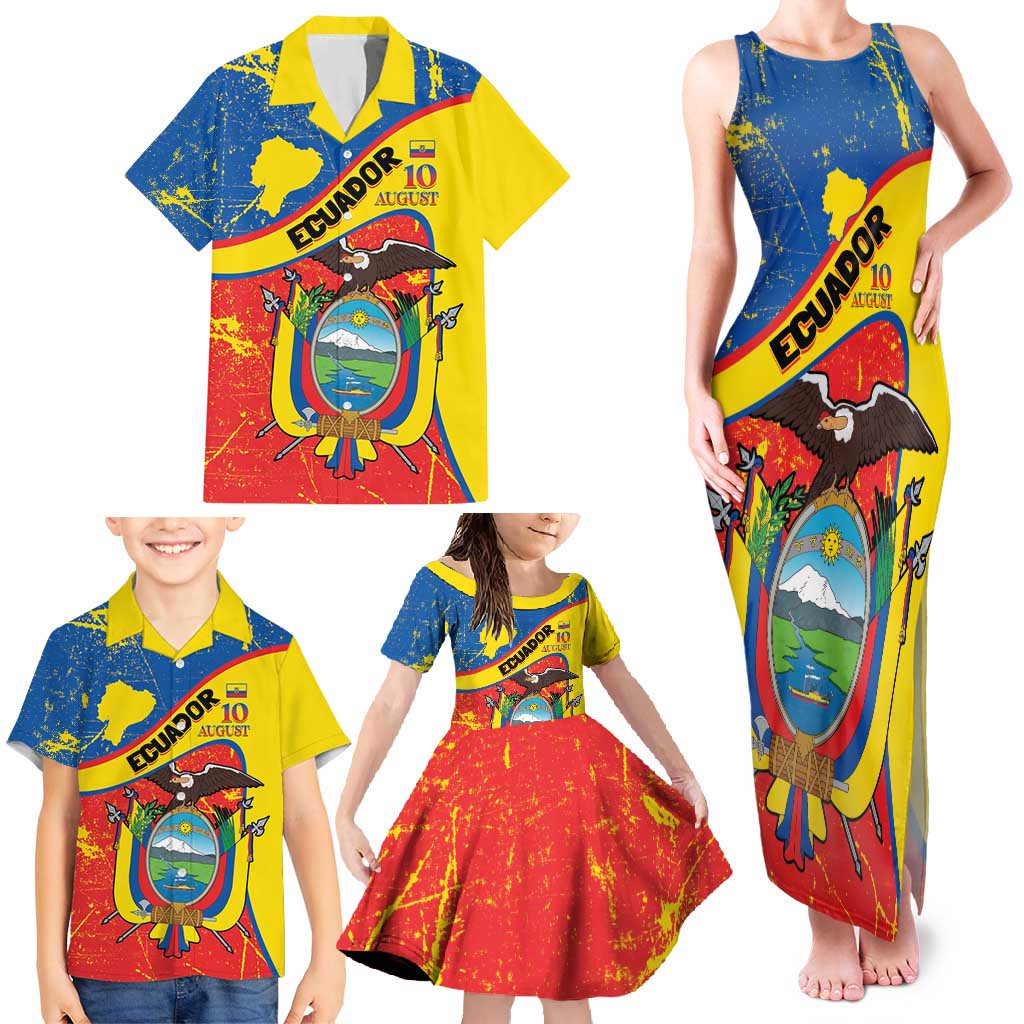 Personalized Ecuador Independence Day Family Matching Tank Maxi Dress and Hawaiian Shirt Coat Of Arms Grunge Style - Wonder Print Shop