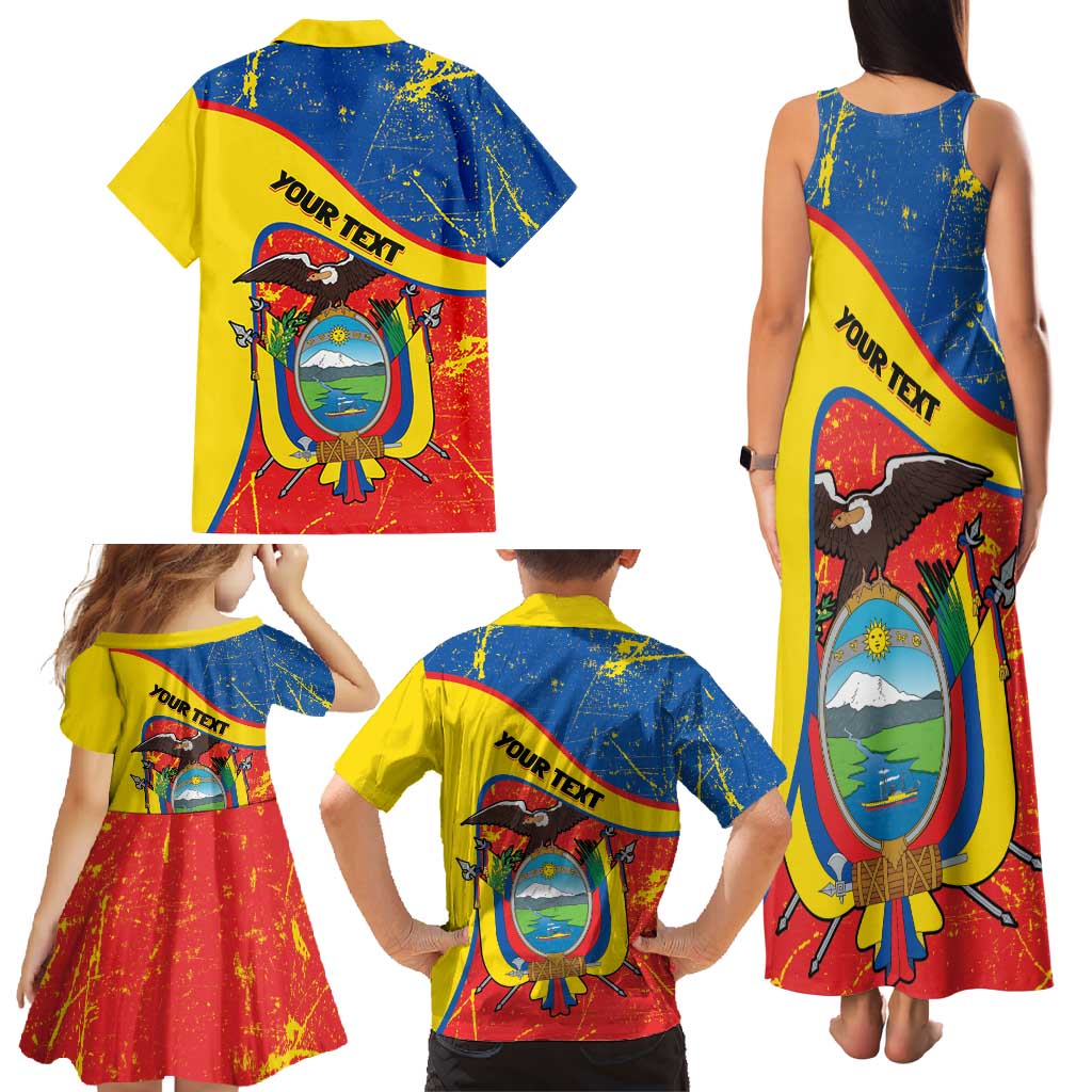 Personalized Ecuador Independence Day Family Matching Tank Maxi Dress and Hawaiian Shirt Coat Of Arms Grunge Style - Wonder Print Shop