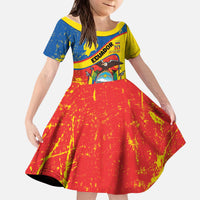 Personalized Ecuador Independence Day Kid Short Sleeve Dress Coat Of Arms Grunge Style - Wonder Print Shop