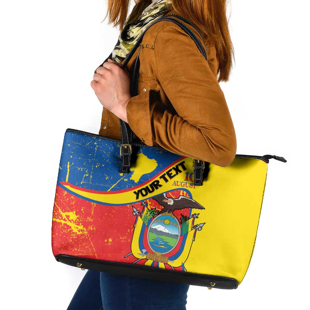 Personalized Ecuador Independence Day Leather Tote Bag Coat Of Arms Grunge Style - Wonder Print Shop