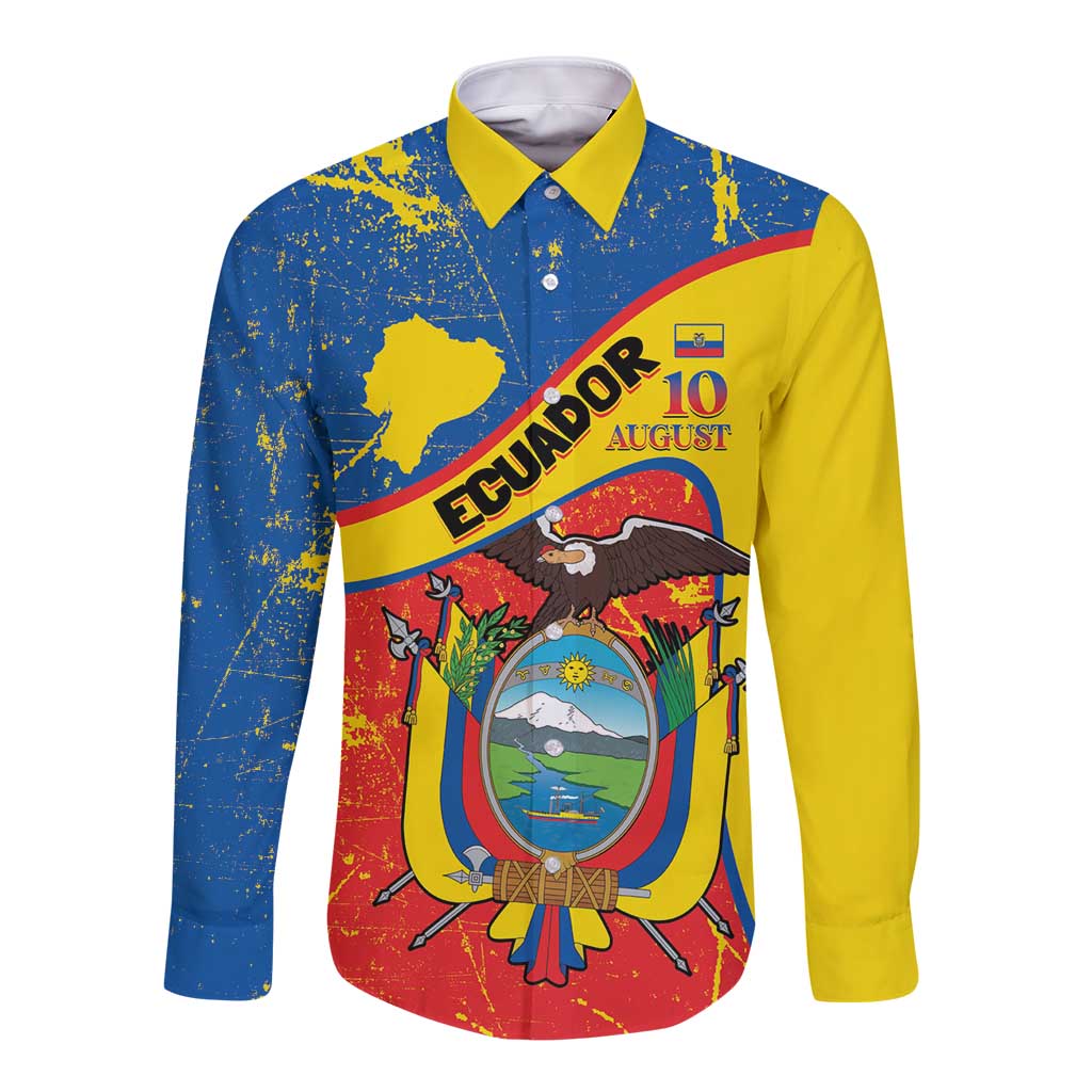 Personalized Ecuador Independence Day Long Sleeve Button Shirt Coat Of Arms Grunge Style - Wonder Print Shop