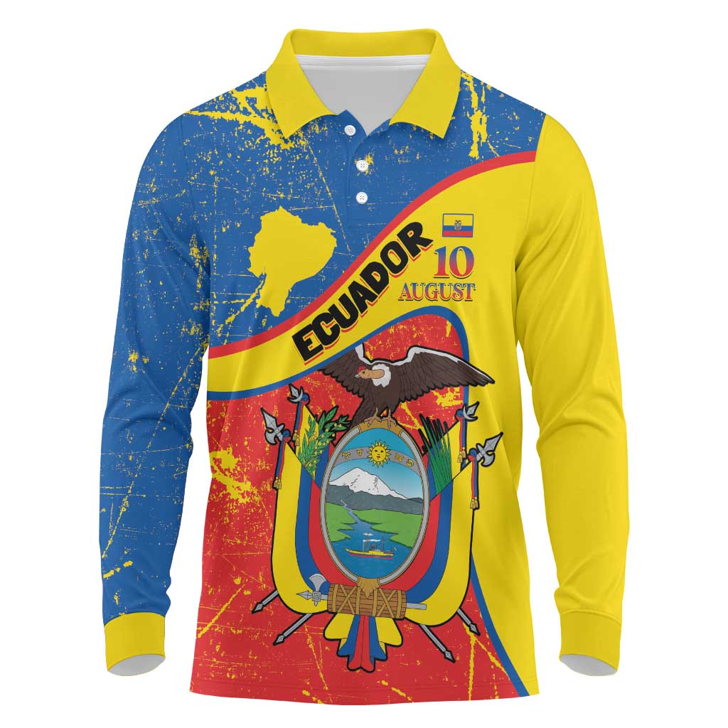 Personalized Ecuador Independence Day Long Sleeve Polo Shirt Coat Of Arms Grunge Style - Wonder Print Shop
