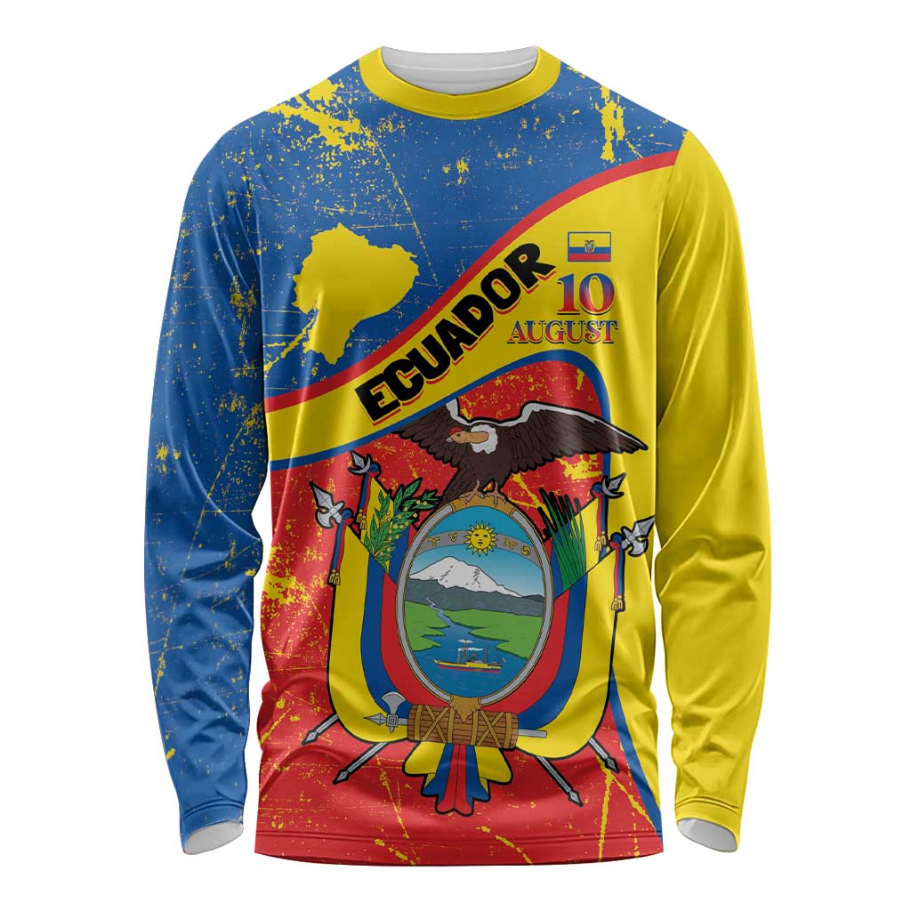 Personalized Ecuador Independence Day Long Sleeve Shirt Coat Of Arms Grunge Style - Wonder Print Shop