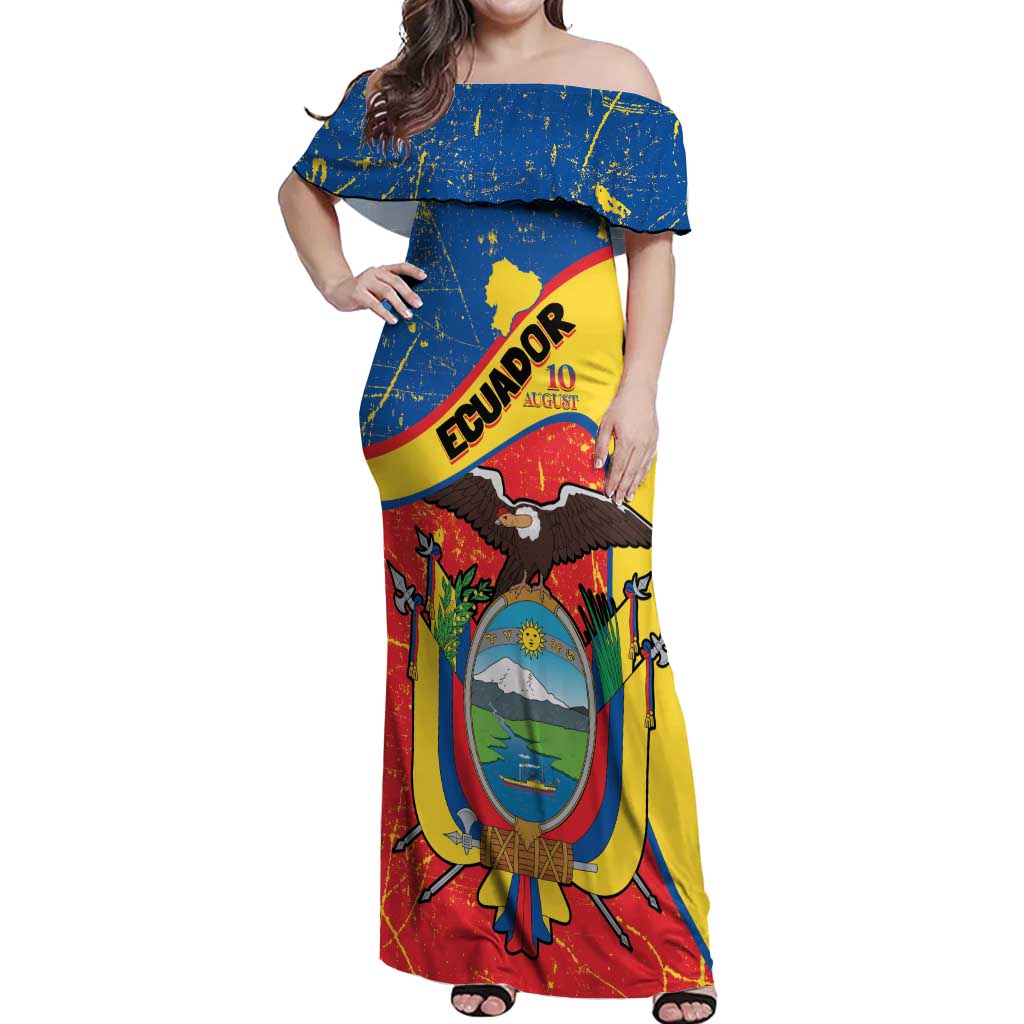 Personalized Ecuador Independence Day Off Shoulder Maxi Dress Coat Of Arms Grunge Style - Wonder Print Shop
