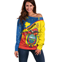 Personalized Ecuador Independence Day Off Shoulder Sweater Coat Of Arms Grunge Style - Wonder Print Shop
