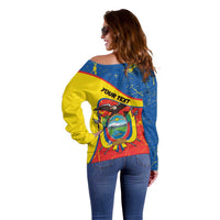 Personalized Ecuador Independence Day Off Shoulder Sweater Coat Of Arms Grunge Style - Wonder Print Shop