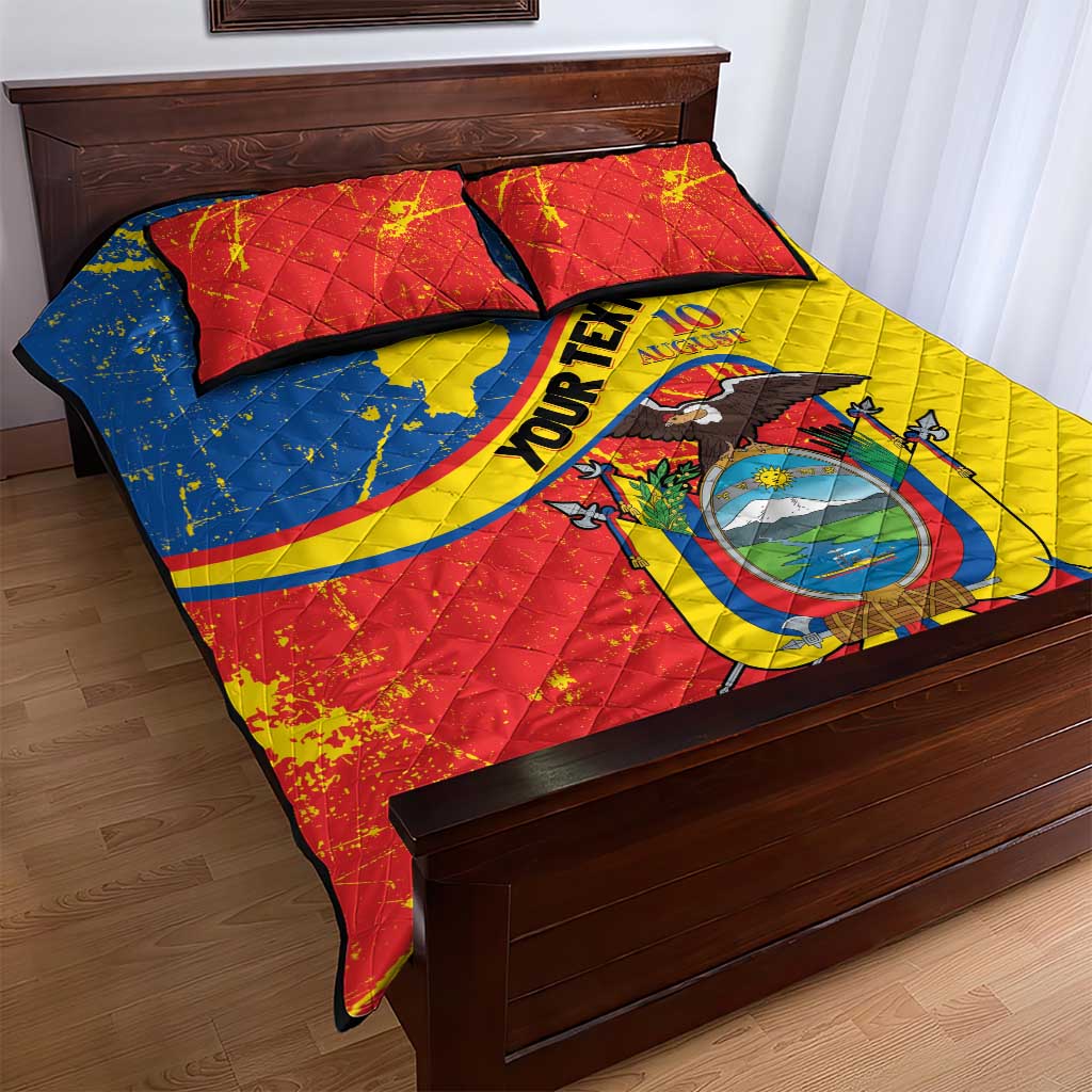 Personalized Ecuador Independence Day Quilt Bed Set Coat Of Arms Grunge Style - Wonder Print Shop