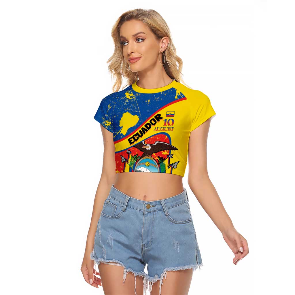 Personalized Ecuador Independence Day Raglan Cropped T Shirt Coat Of Arms Grunge Style - Wonder Print Shop