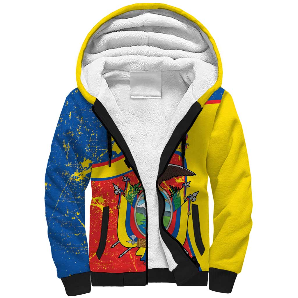Personalized Ecuador Independence Day Sherpa Hoodie Coat Of Arms Grunge Style - Wonder Print Shop