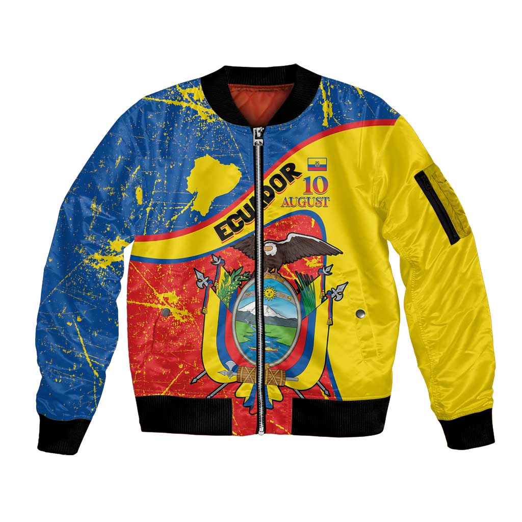 Personalized Ecuador Independence Day Sleeve Zip Bomber Jacket Coat Of Arms Grunge Style - Wonder Print Shop