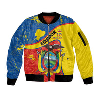 Personalized Ecuador Independence Day Sleeve Zip Bomber Jacket Coat Of Arms Grunge Style - Wonder Print Shop