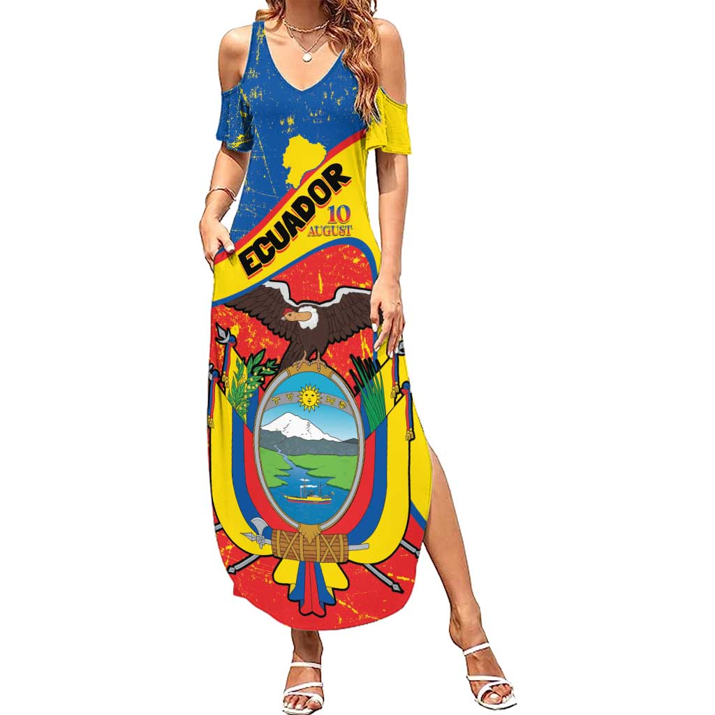 Personalized Ecuador Independence Day Summer Maxi Dress Coat Of Arms Grunge Style - Wonder Print Shop